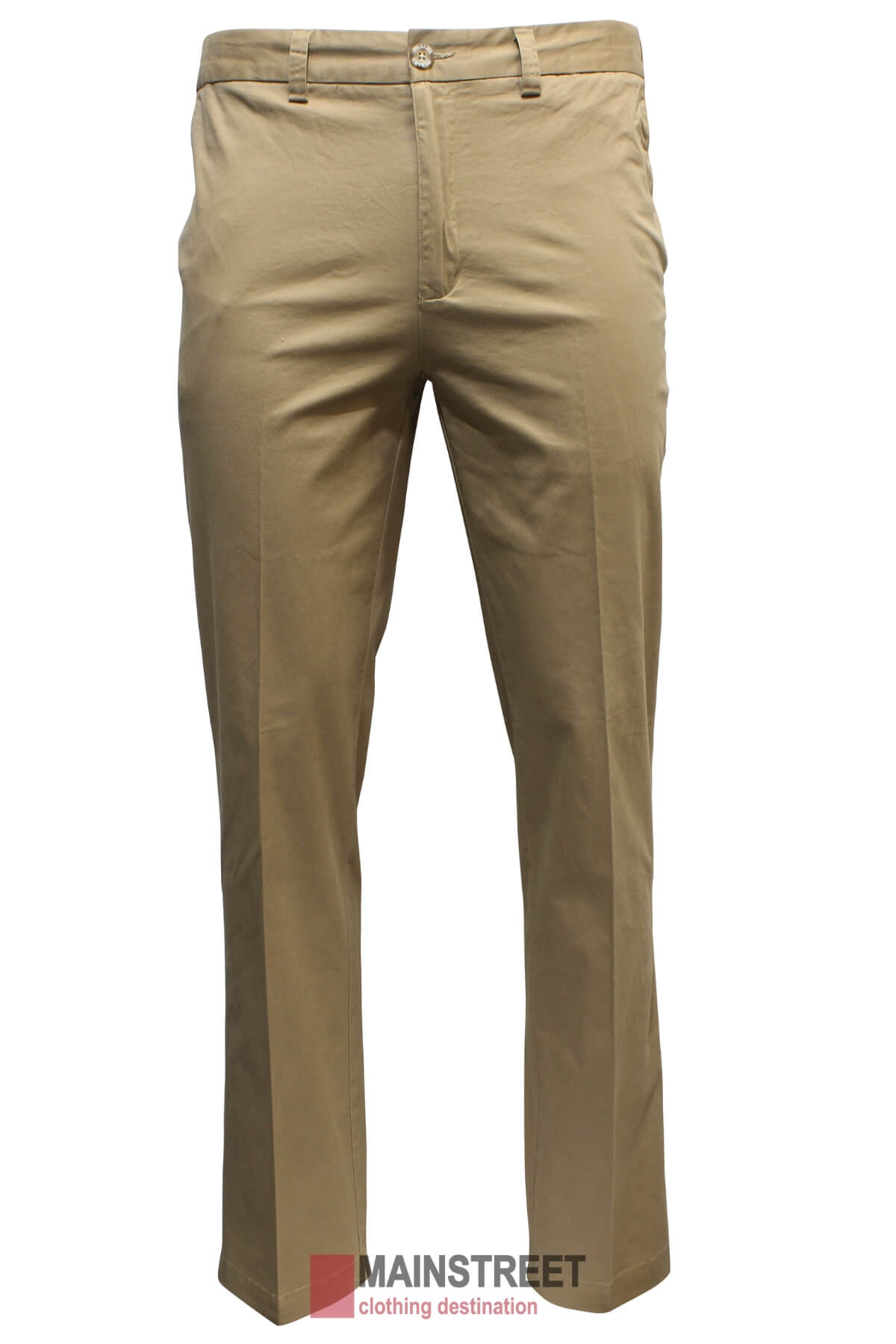 A pair of Pilbara Chino Pants displayed against a white background. The trousers have a button and zipper closure at the waist, belt loops, and are neatly pressed with front creases. Featuring a soft peached finish and a flexi waist for added comfort, the brand name "MAINSTREET clothing destination" is visible at the bottom of the image.