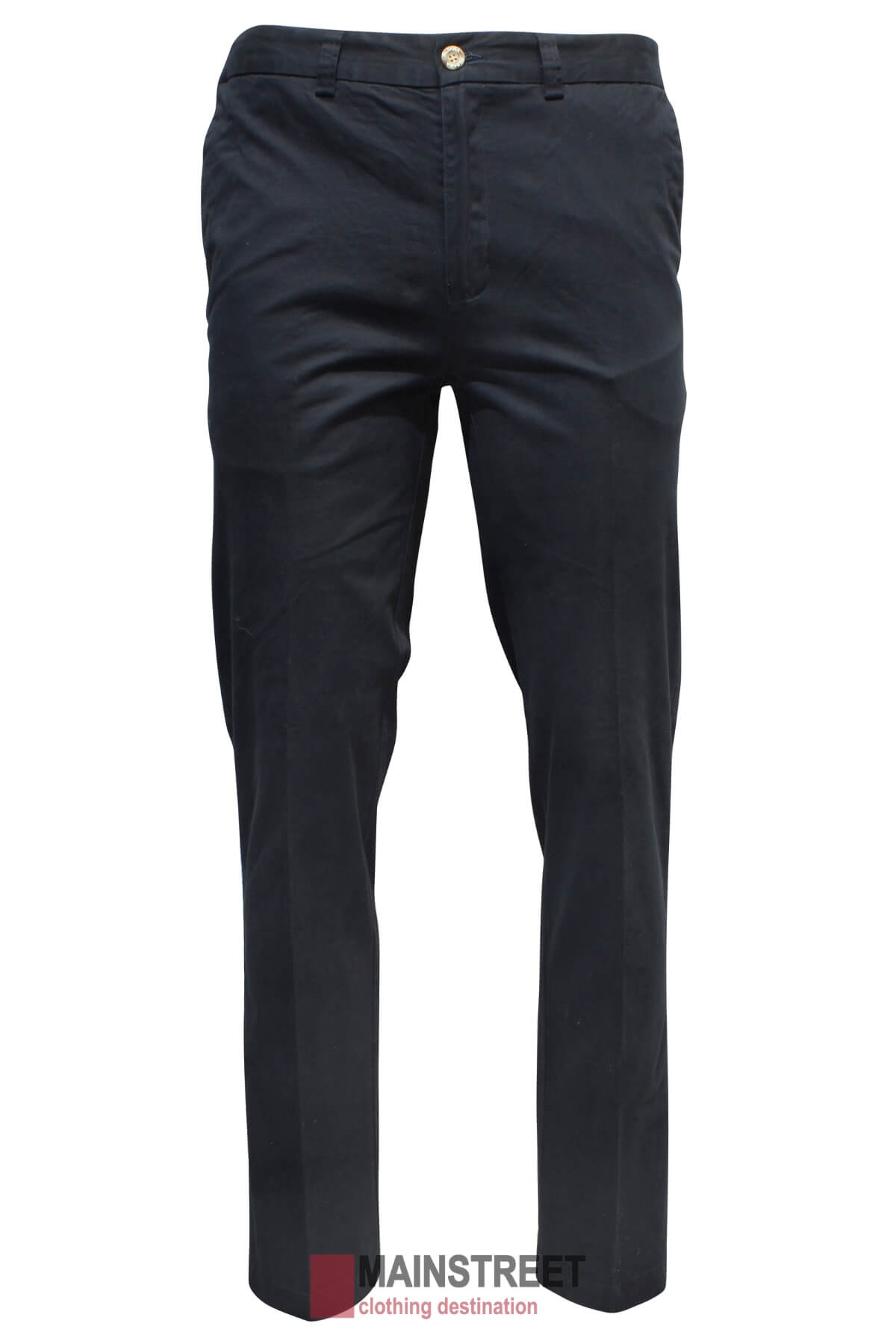 The Ritemate Pilbara Chino Pant is a pair of black dress pants featuring a button and zipper closure, side pockets, twin needle stitching, and a sleek, formal look. The pants are finished with the "MAINSTREET clothing destination" logo at the bottom.