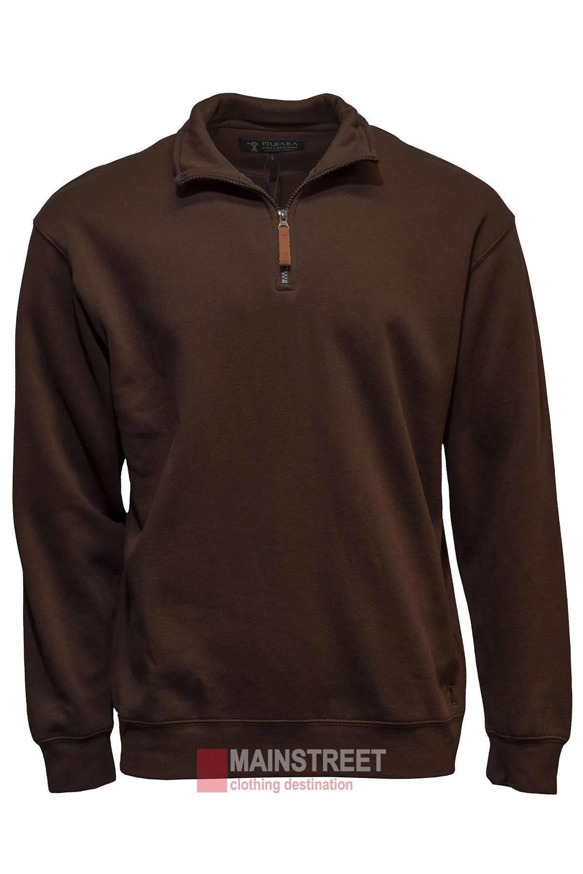 The Ritemate Pilbara Classic Fleece Pullover, a brown quarter zip sweatshirt with a collar, leather zipper pull, and soft fleece lining, is shown on a white background. The Ritemate and MAINSTREET logos appear at the bottom of the image.