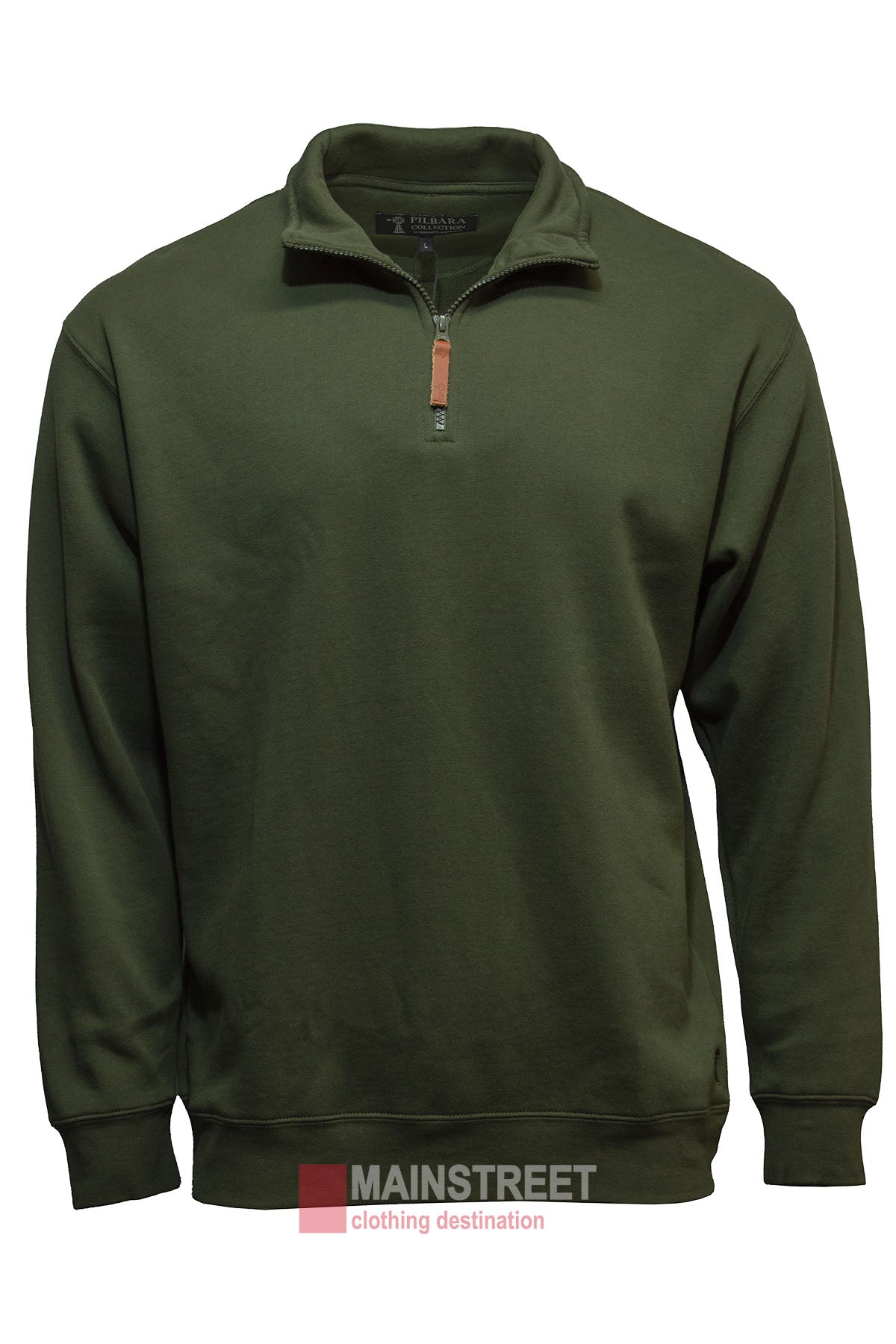 The Pilbara Classic Fleece Pullover in forest green features a brown zipper pull and a cozy fleece lining. This comfortable garment has a high collar, long sleeves, and a straight hem. Displayed against a white background, the text "MAINSTREET clothing destination" is positioned below the pullover.