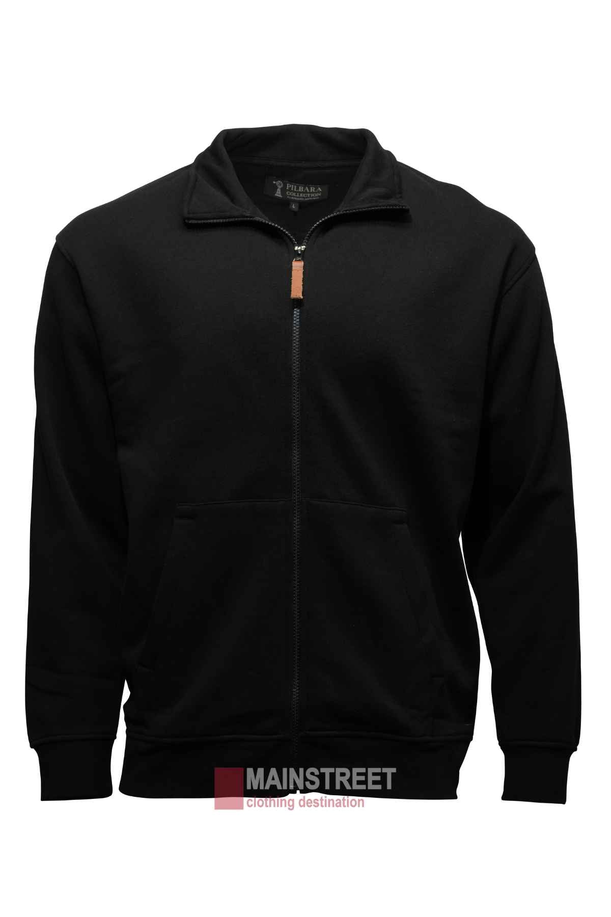 The Pilbara Classic Full Zip Fleece is a black zip-up sweatshirt with a stand-up collar and full-length sleeves. The front features a full zipper closure and two pockets, crafted from soft fleece lining. The label reads "Mainstreet.