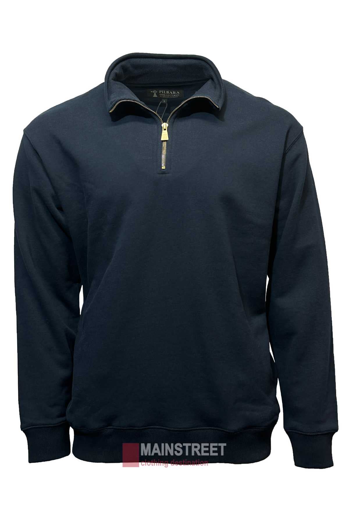 A black Pilbara Classic Heavy Weight Fleece Pullover with a half-zip front and a gold zipper. The pullover features a high collar and ribbed cuffs. The logo "MAINSTREET Clothing Co." is partially visible at the bottom center of the image.