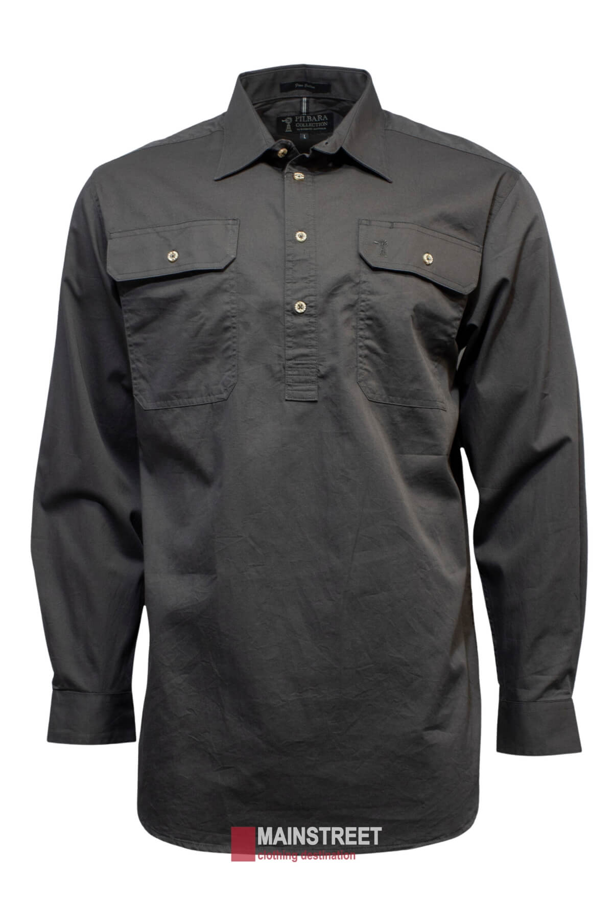 The Ritemate Pilbara Long Sleeve Closed Front Shirt is a dark gray mens work shirt featuring a collar and two front chest pockets, each with a button closure. Boasting UPF 50+ protection, this comfortable shirt is showcased against a plain white background with a "MAINSTREET" clothing tag at the bottom center of the image.