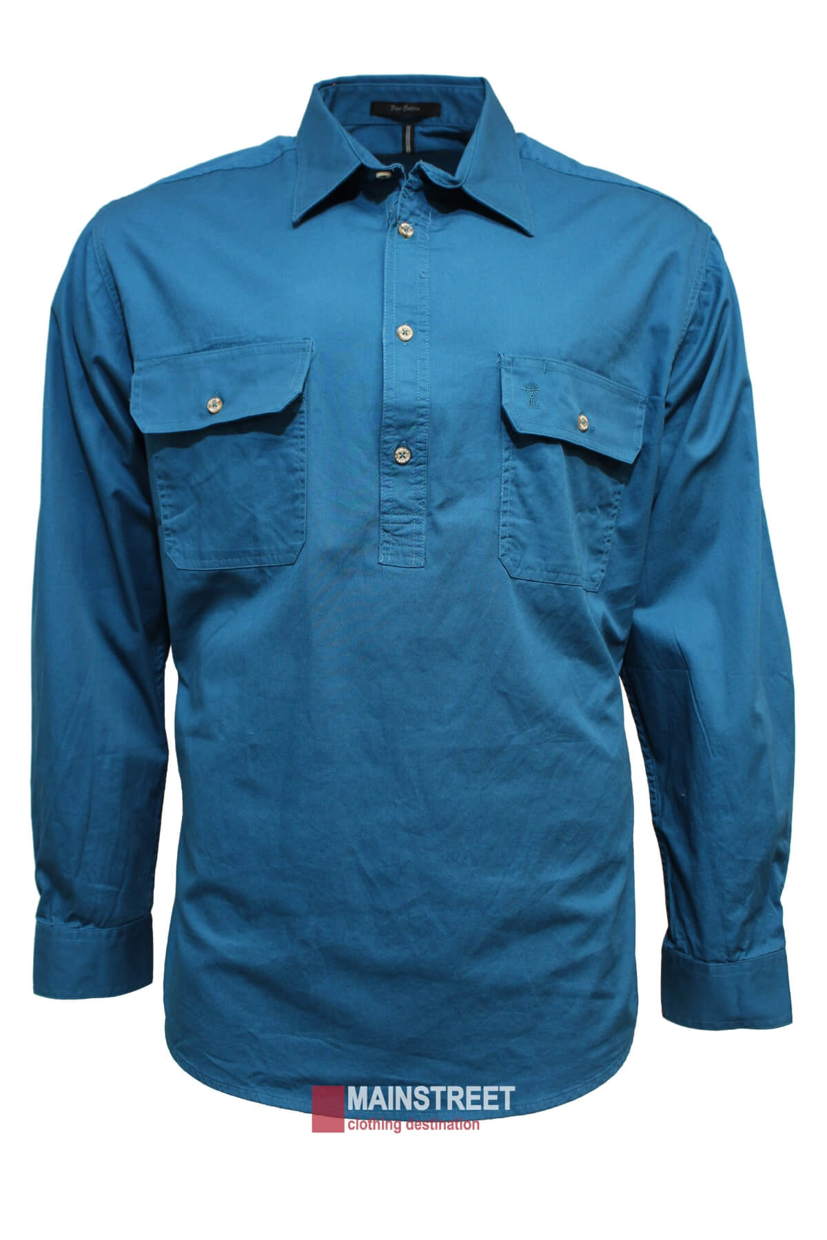 A Ritemate Pilbara Long Sleeve Closed Front Shirt, displayed against a white background. This blue, 100% cotton men's work shirt features two front flap pockets with buttons and is shown partially buttoned up on the top half while unbuttoned at the bottom. With a UPF rating of 50+ for added sun protection, it also has a MAINSTREET logo placed at the bottom center.