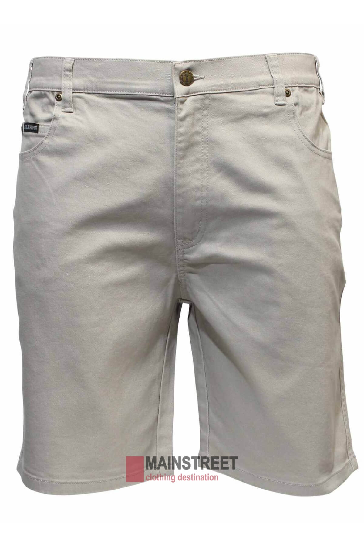 Cream-colored Pilbara Cotton Stretch Jean Shorts for men with a front button and zipper closure. These classic fit shorts include front pockets and a small label near the waistband. The text "MAINSTREET clothing destination" appears at the bottom center of the image.