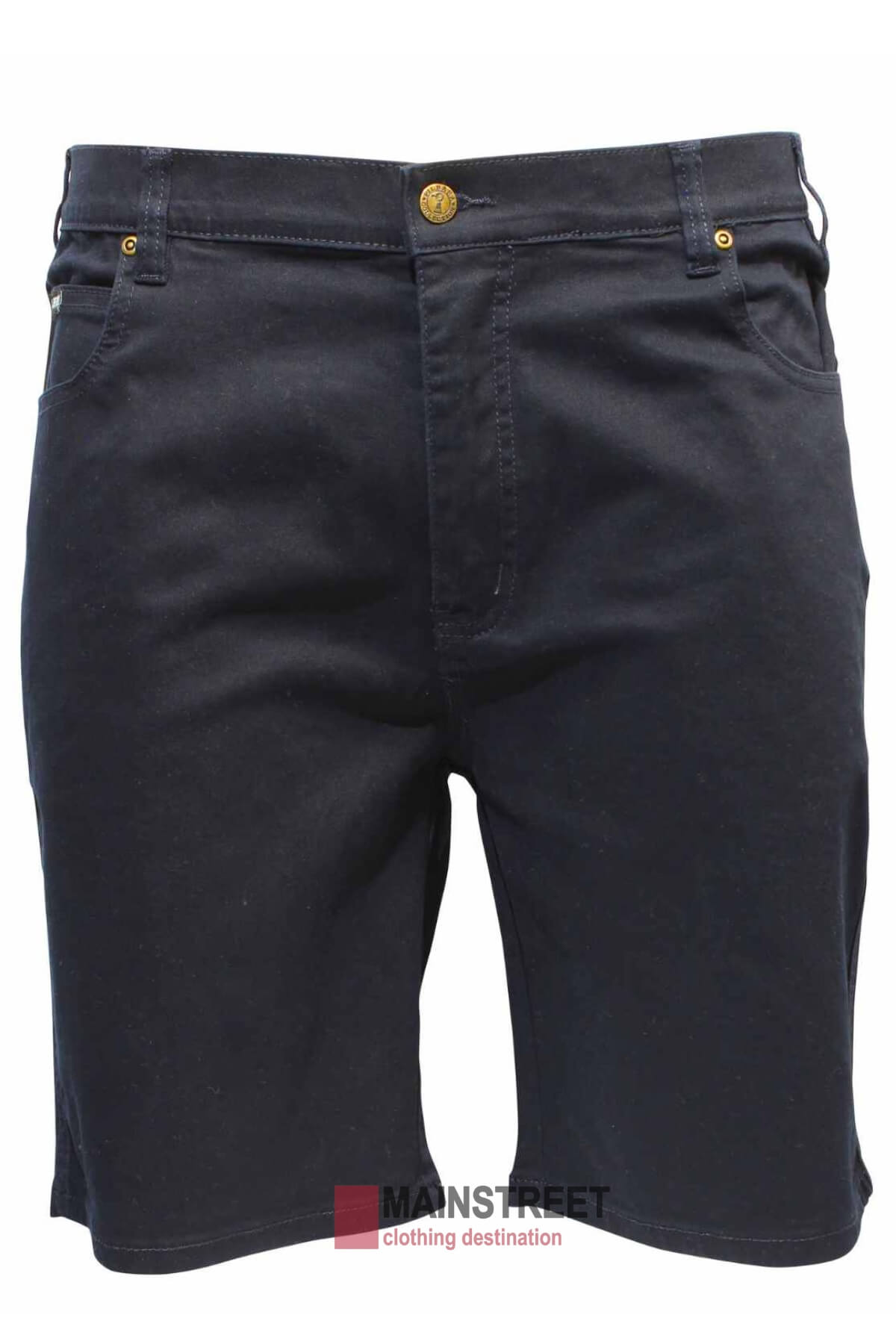 Pilbara Cotton Stretch Jean Short in navy blue classic fit for country men, with front pockets, belt loops, and a gold button closure—made from comfortable cotton stretch fabric. Shown on a plain background.