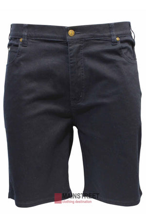 Pilbara Cotton Stretch Jean Short in navy blue classic fit for country men, with front pockets, belt loops, and a gold button closure—made from comfortable cotton stretch fabric. Shown on a plain background.