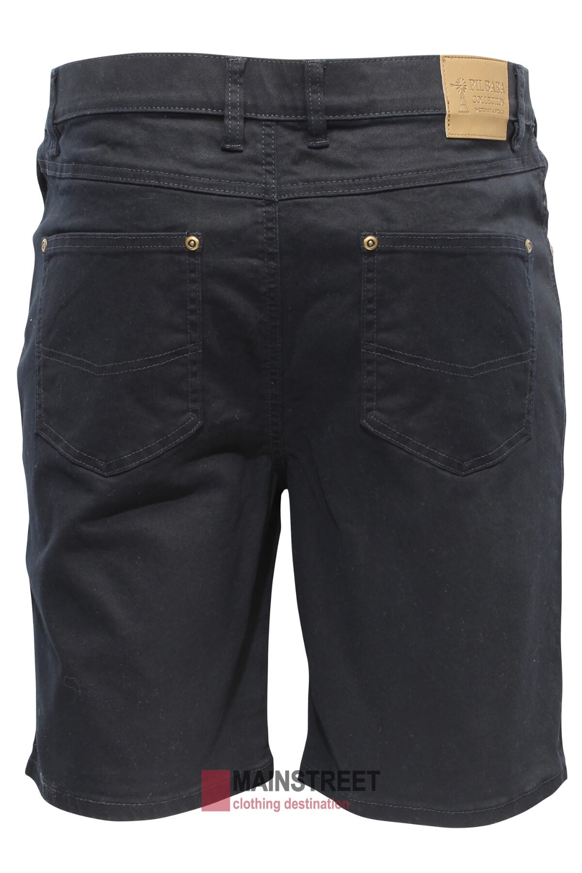 Back view of Pilbara Cotton Stretch Jean Short in black, featuring two back pockets, visible stitching, and a tan leather brand patch on the waistband. Classic fit displayed against a white background.