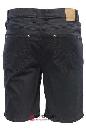 Back view of Pilbara Cotton Stretch Jean Short in black, featuring two back pockets, visible stitching, and a tan leather brand patch on the waistband. Classic fit displayed against a white background.