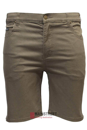 A pair of Pilbara Cotton Stretch Jean Shorts with belt loops and front pockets, photographed against a white background. These 100% cotton khaki shorts feature a button and zipper closure, and a small black patch with white text on the upper left waistband. The brand logo "MAINSTREET" is at the bottom.