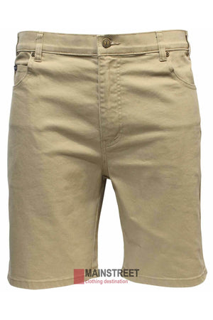 A pair of classic fit beige Pilbara Cotton Stretch Jean Shorts, featuring belt loops, a button closure, and side and back pockets, is displayed against a white background. The image prominently features "MAINSTREET clothing destination" at the bottom.