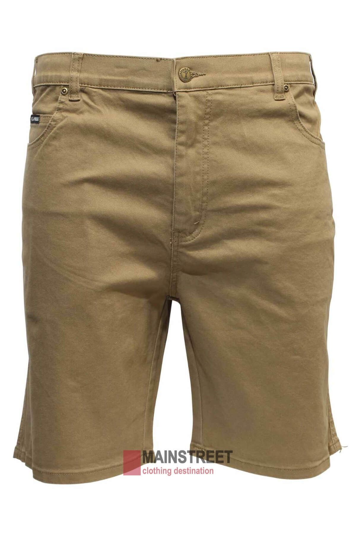 A pair of olive green Pilbara Cotton Stretch Jean Shorts displayed against a white background. These classic fit shorts, made from 100% cotton, feature a timeless design with two front pockets, belt loops, and a button closure. The waistband shows minor detailing, and there is a logo for "MAINSTREET clothing destination" at the bottom.