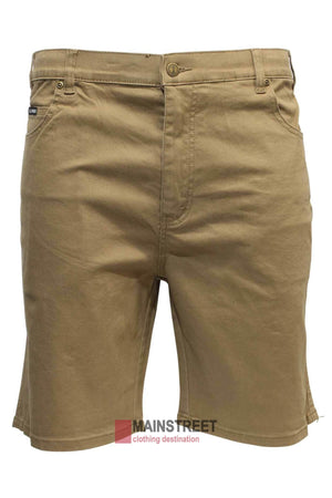 A pair of olive green Pilbara Cotton Stretch Jean Shorts displayed against a white background. These classic fit shorts, made from 100% cotton, feature a timeless design with two front pockets, belt loops, and a button closure. The waistband shows minor detailing, and there is a logo for "MAINSTREET clothing destination" at the bottom.