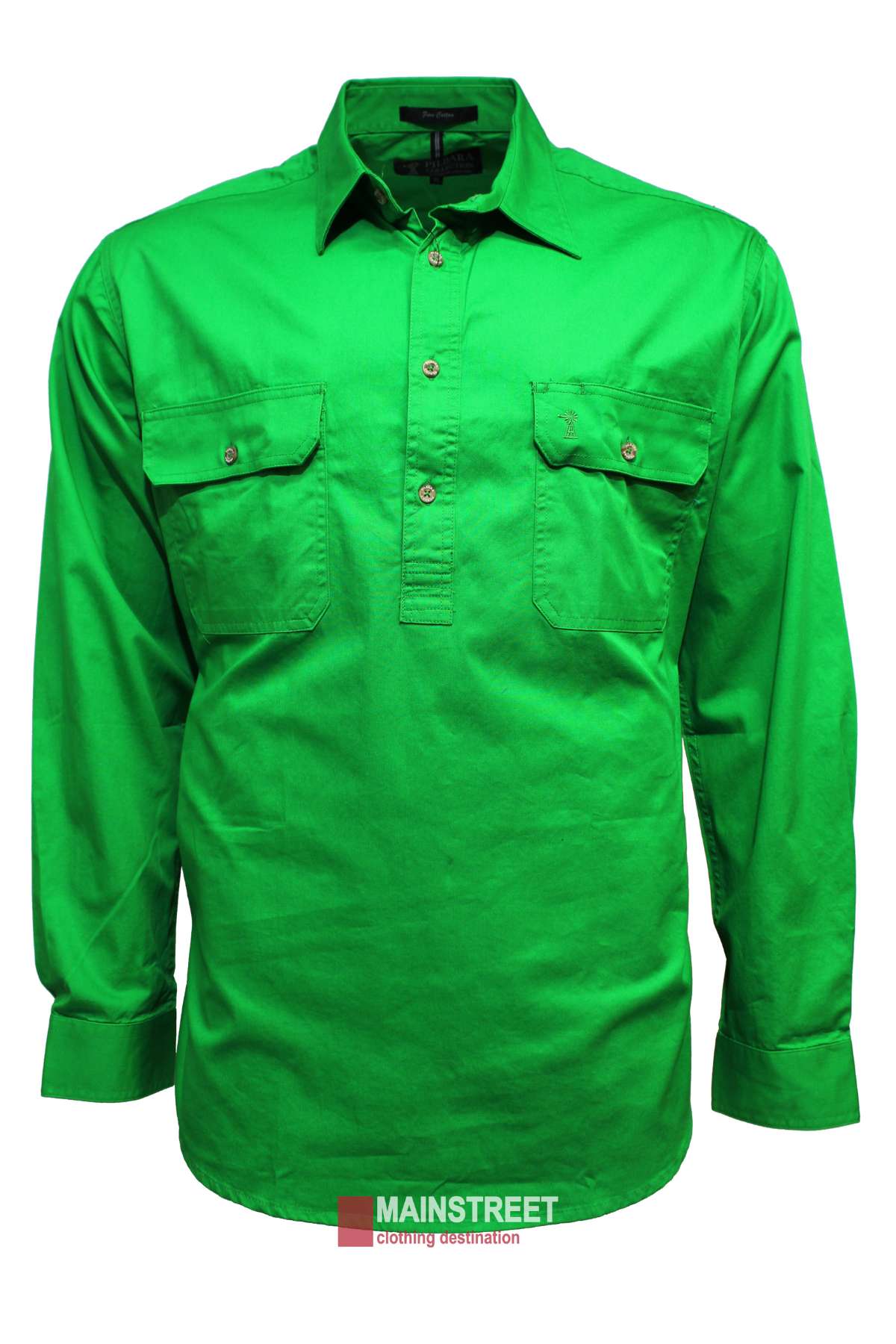 The Pilbara Heavy Weight Long Sleeve Closed Front Shirt is a bright green menβs work shirt with two chest pockets, collar, and partial front buttons. Made from 100% cotton heavy weight fabric. Displayed on a white background.
