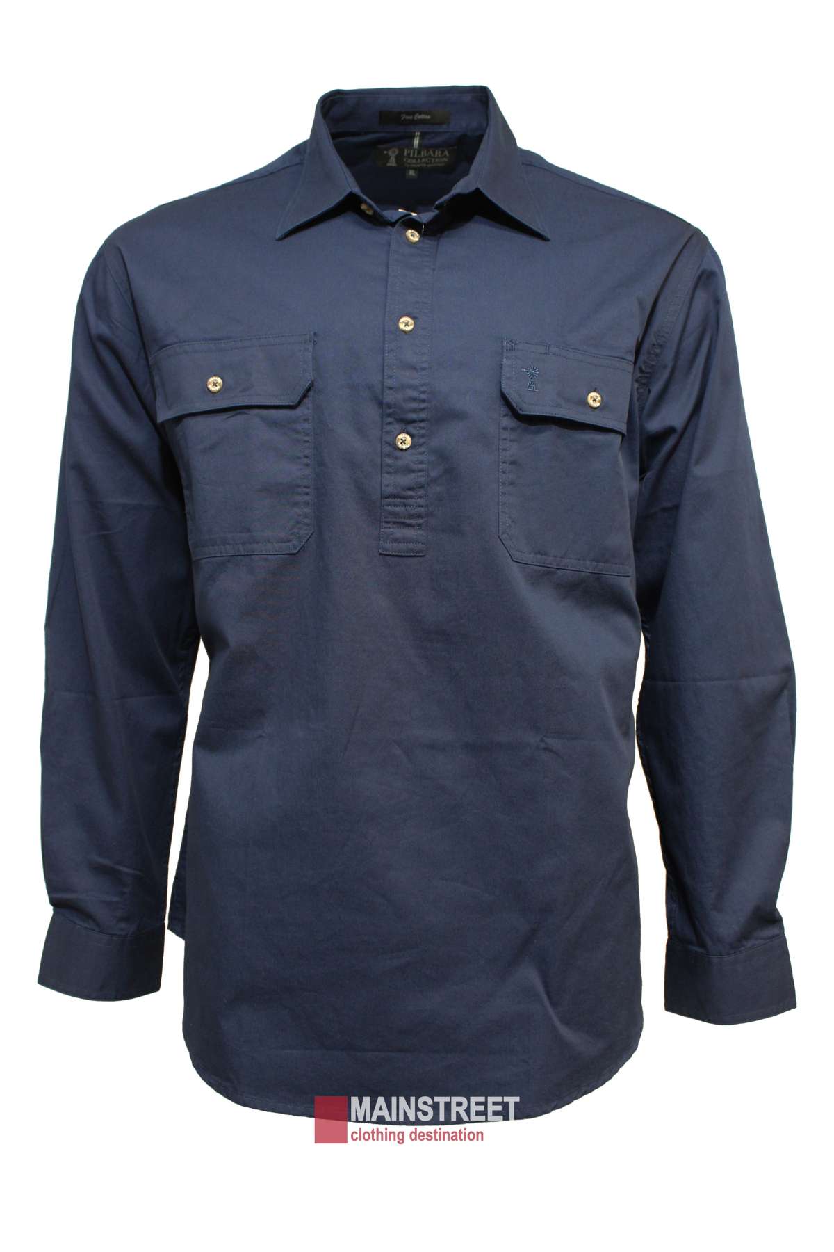 The Pilbara Heavy Weight Long Sleeve Closed Front Shirt, a men's navy blue 100% cotton work shirt with two chest pockets, is shown on a white background. The "MAINSTREET clothing destination" logo appears at the bottom of the image.