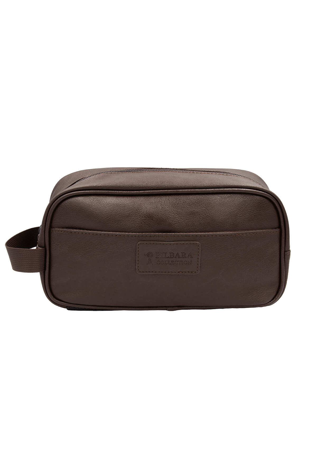 The Pilbara Leather Toiletry Bag features brown leather, a side handle, and a front zippered pocket. A stitched rectangular patch with embossed text enhances this versatile accessory's sophistication.