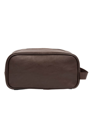 The Pilbara Leather Toiletry Bag from the Pilbara Collection boasts a rich brown faux leather with a rectangular shape and a smooth texture. It's designed for practicality, featuring a small right-side handle for easy carrying.