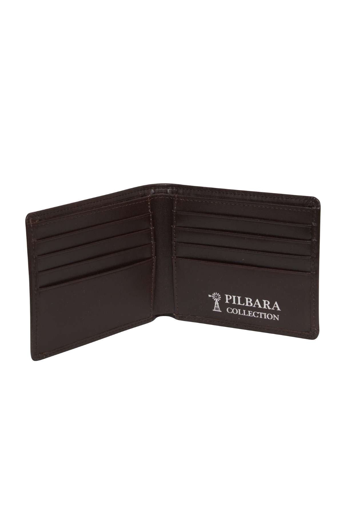 The Pilbara Leather Wallet is an open black leather accessory featuring multiple card slots on both sides. The interior showcases the brand's logo and name on the right side, offering a sophisticated wallet crafted from premium leather.