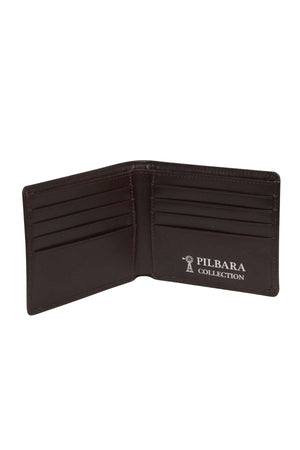The Pilbara Leather Wallet is an open black leather accessory featuring multiple card slots on both sides. The interior showcases the brand's logo and name on the right side, offering a sophisticated wallet crafted from premium leather.