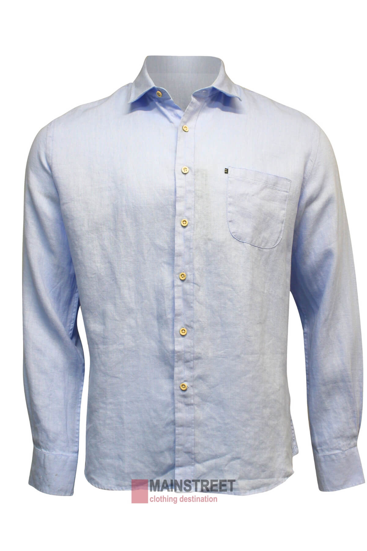 The Pilbara Linen Shirt is a light blue, long-sleeve button-up with a chest pocket, classic collar, white buttons, and a regular fit. Made from 100% linen for breathability. Features the MAINSTREET clothing destination logo at the hem.
