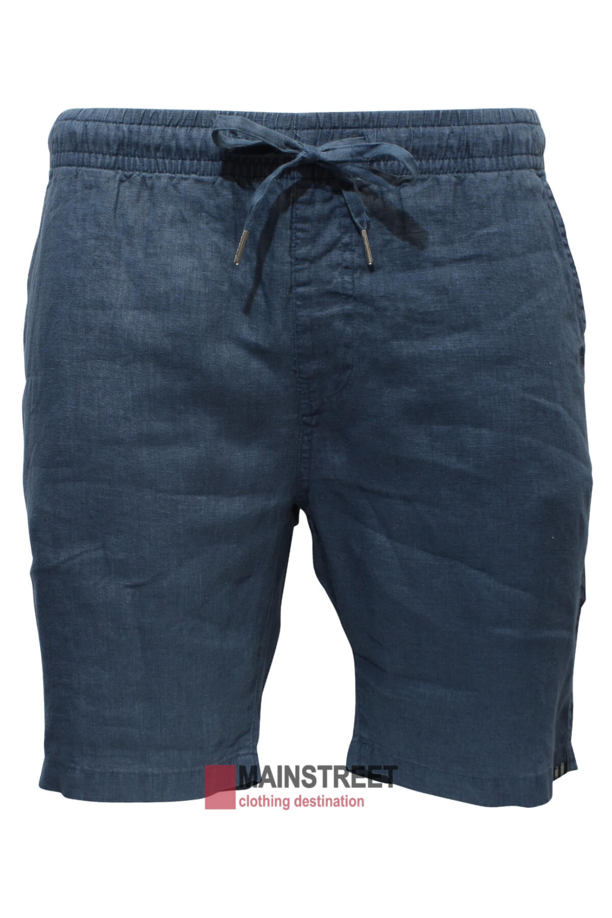 Pilbara Linen Short in navy blue, featuring a drawstring design on a white backdrop. The fabric's slightly wrinkled texture offers breathability and comfort. A watermark reading "MAINSTREET clothing destination" is visible at the bottom.