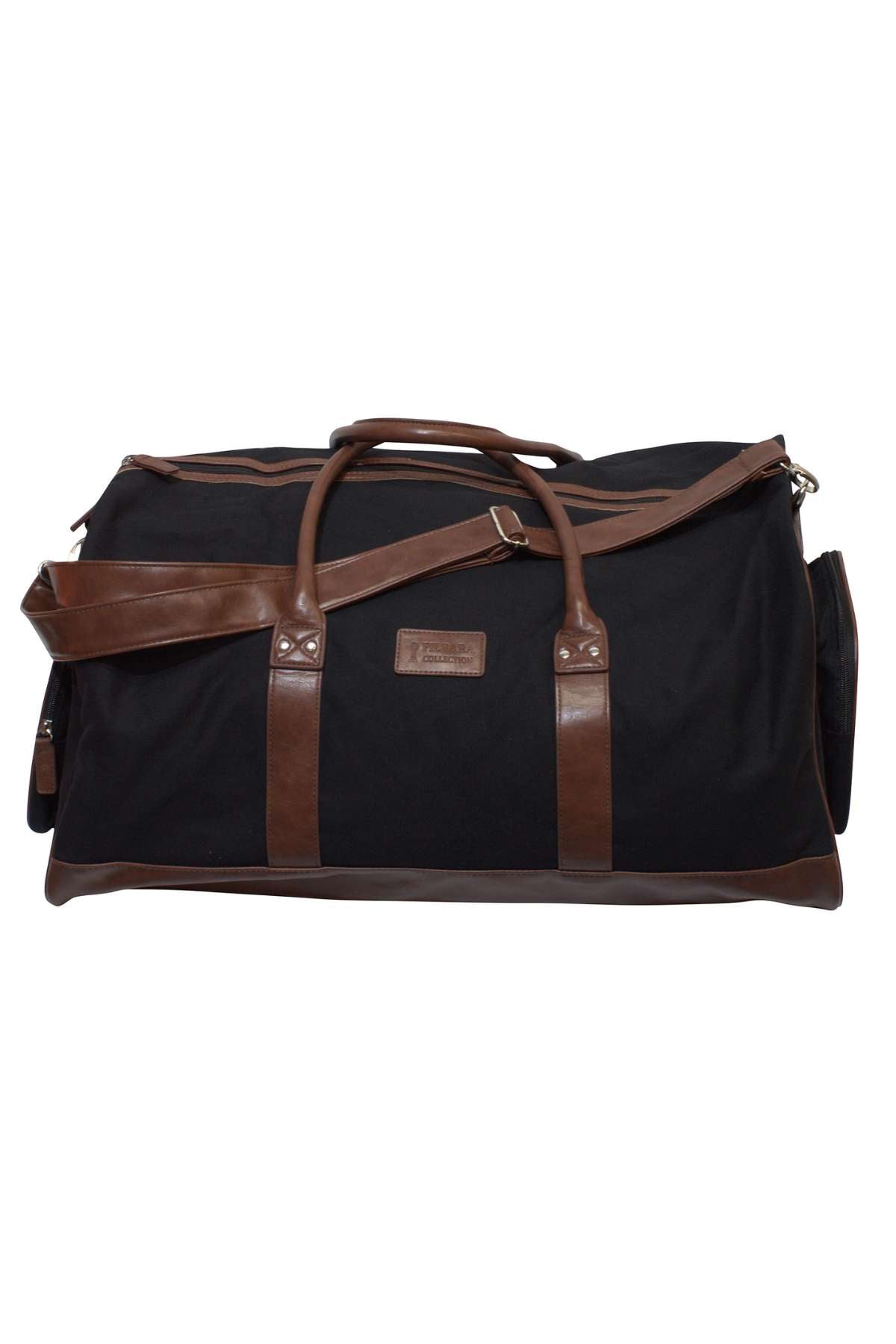 The Pilbara Long Weekender Bag is a black duffel accented with brown leather handles, straps, and bottom corners. Constructed from premium canvas and genuine leather, it includes a shoulder strap and a small rectangular patch on the front. With its sleek design and practical features, it's ideal for weekend trips or everyday use.