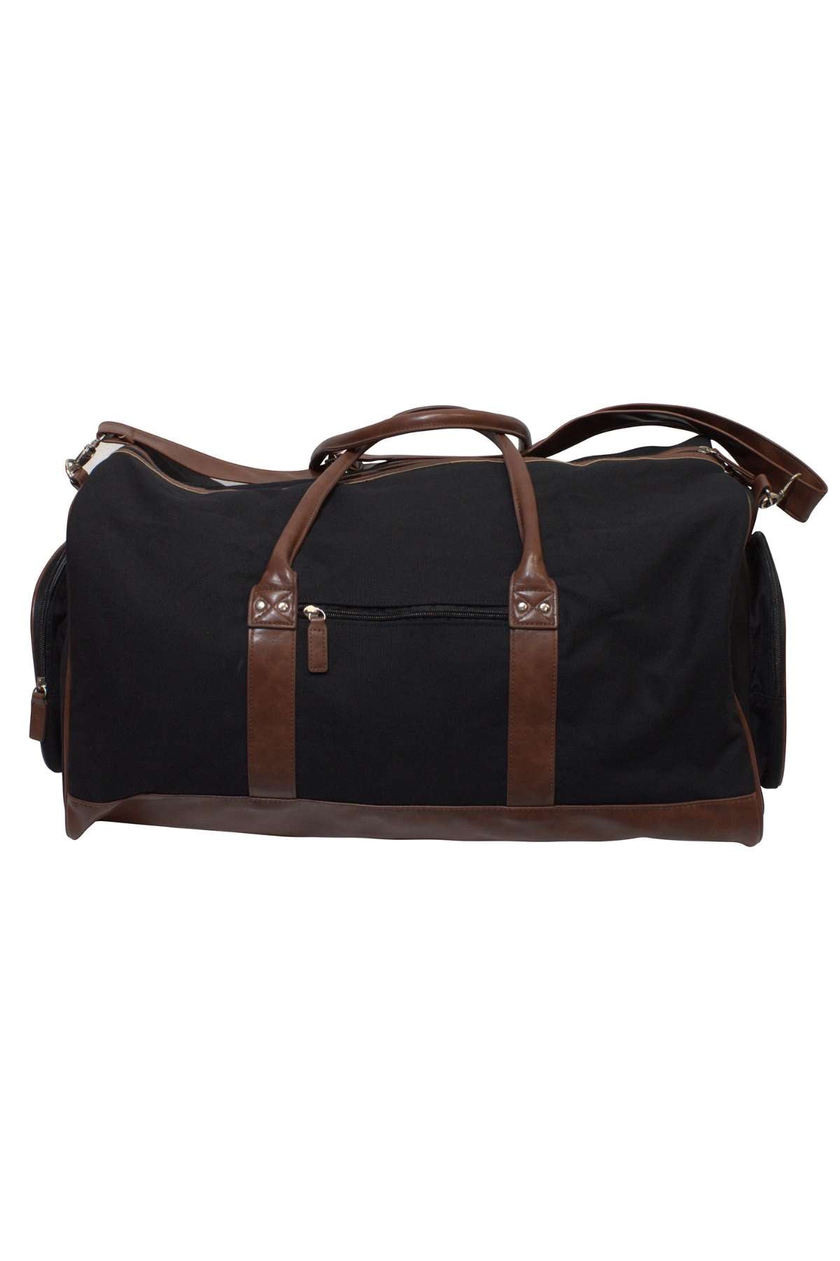 The Pilbara Long Weekender Bag by Ritemate is a black duffel with brown leather straps and trim. Perfect for weekend getaways, it boasts the finest quality canvas and leather construction, a zippered front pocket, two handles, and a detachable shoulder strap.