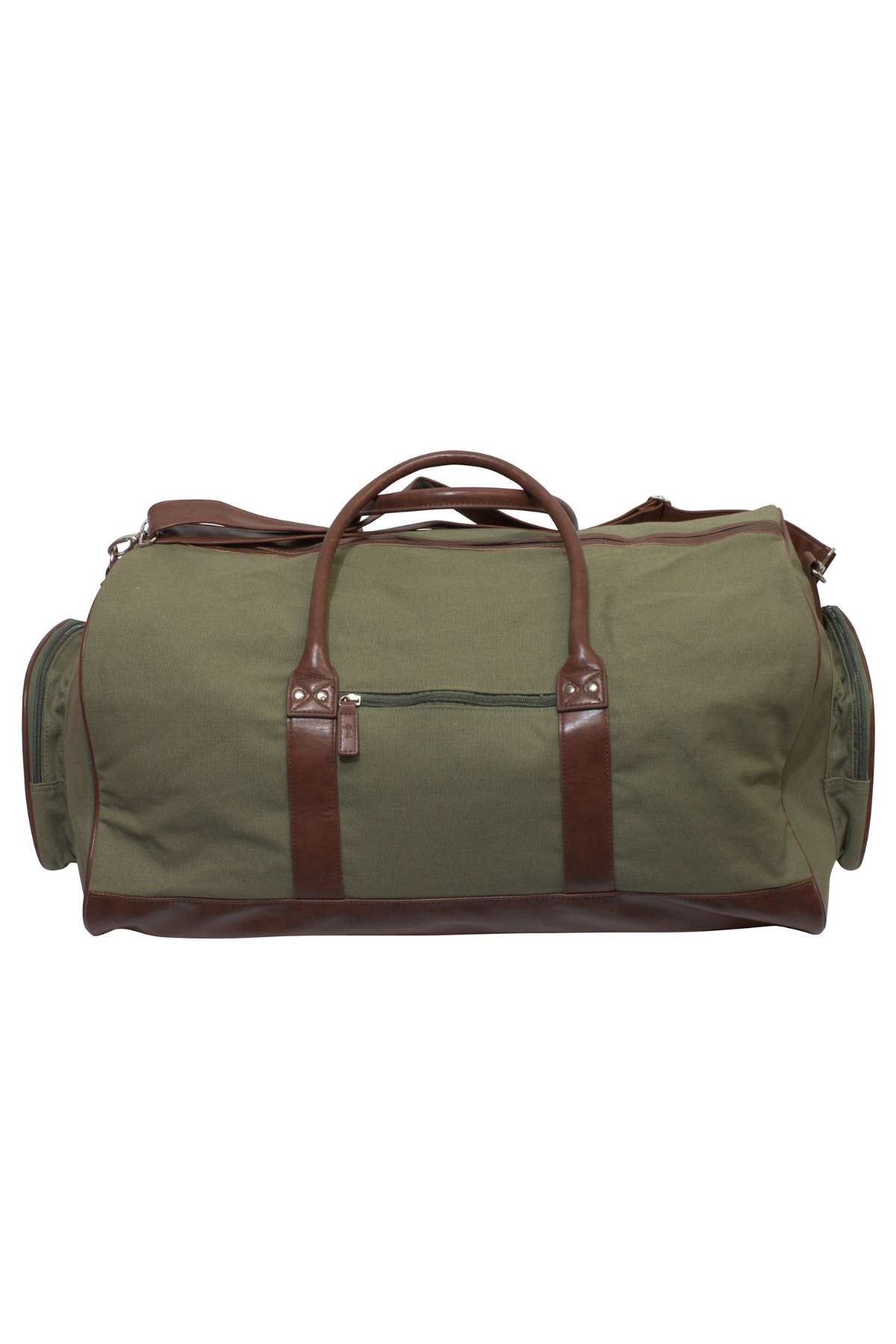 The Ritemate Pilbara Long Weekender Bag is a spacious olive green duffel, enhanced with brown leather handles and accents. Made from premium quality canvas and leather, it boasts a front zipper pocket, side pockets, and a generous main compartment secured by a zipper, ideal for weekend trips or transporting bulky items.