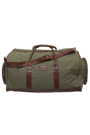 The Ritemate Pilbara Long Weekender Bag is a green canvas duffel bag featuring brown leather straps and accents. Ideal for weekend adventures, it boasts two short handles, an adjustable longer shoulder strap, and a side label. The high-quality canvas and leather construction provides exceptional durability, complemented by a zippered opening at the top.