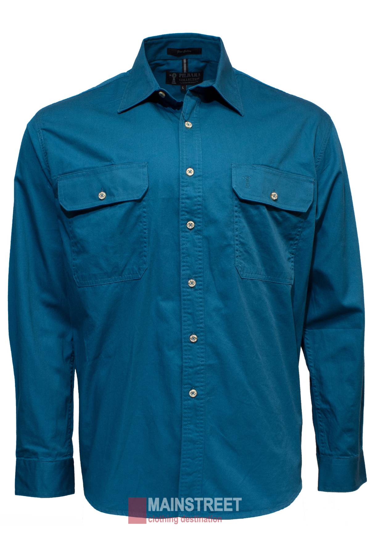The Pilbara Open Front Shirt is a teal long-sleeve, 100% cotton men's work shirt featuring two chest pockets with buttoned flaps and a standard collar. Perfect for any occasion, it is showcased against a crisp white background.