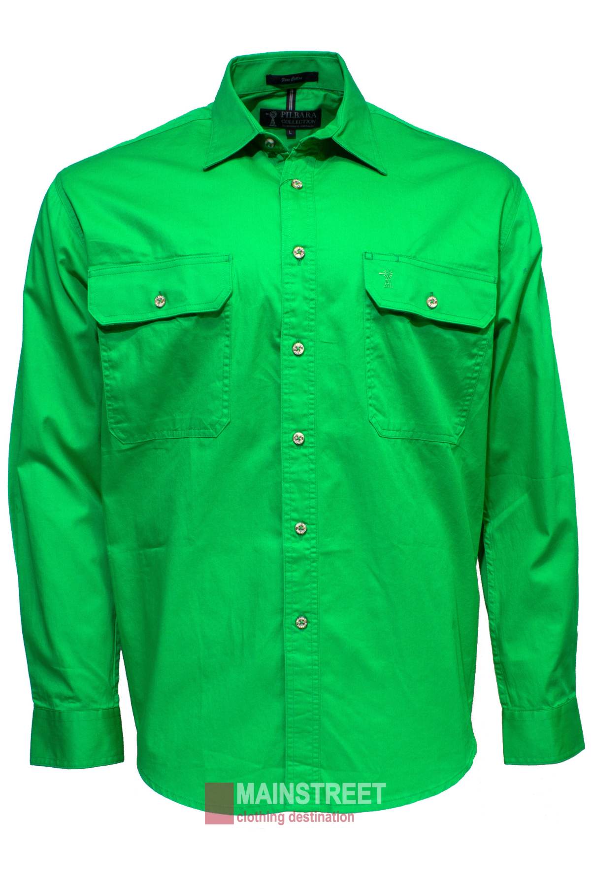 The Pilbara Open Front Shirt is a bright green, long-sleeve men’s work shirt made from 100% cotton, featuring two chest pockets with buttoned flaps. Shown on a white background with the "MAINSTREET clothing destination" logo below.