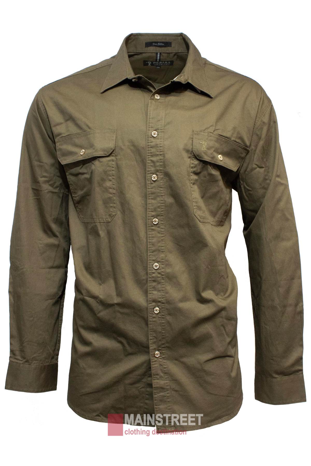 The Pilbara Open Front Shirt is an olive green, 100% cotton men's work shirt with long sleeves and UPF 50+, featuring two chest pockets and cuffs. It's lightweight and perfect for casual wear, displayed against a white background.