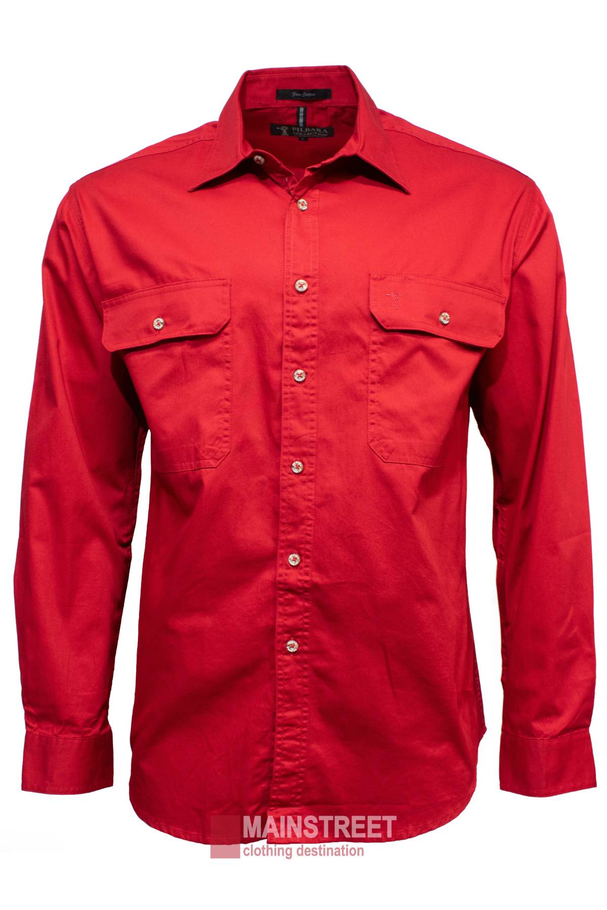 The Pilbara Open Front Shirt is a long-sleeve, button-up red men's work shirt made from 100% cotton with UPF 50+, two chest pockets, collar, and silver buttons. Shown on white with the Mainstreet Clothing Destination logo below.