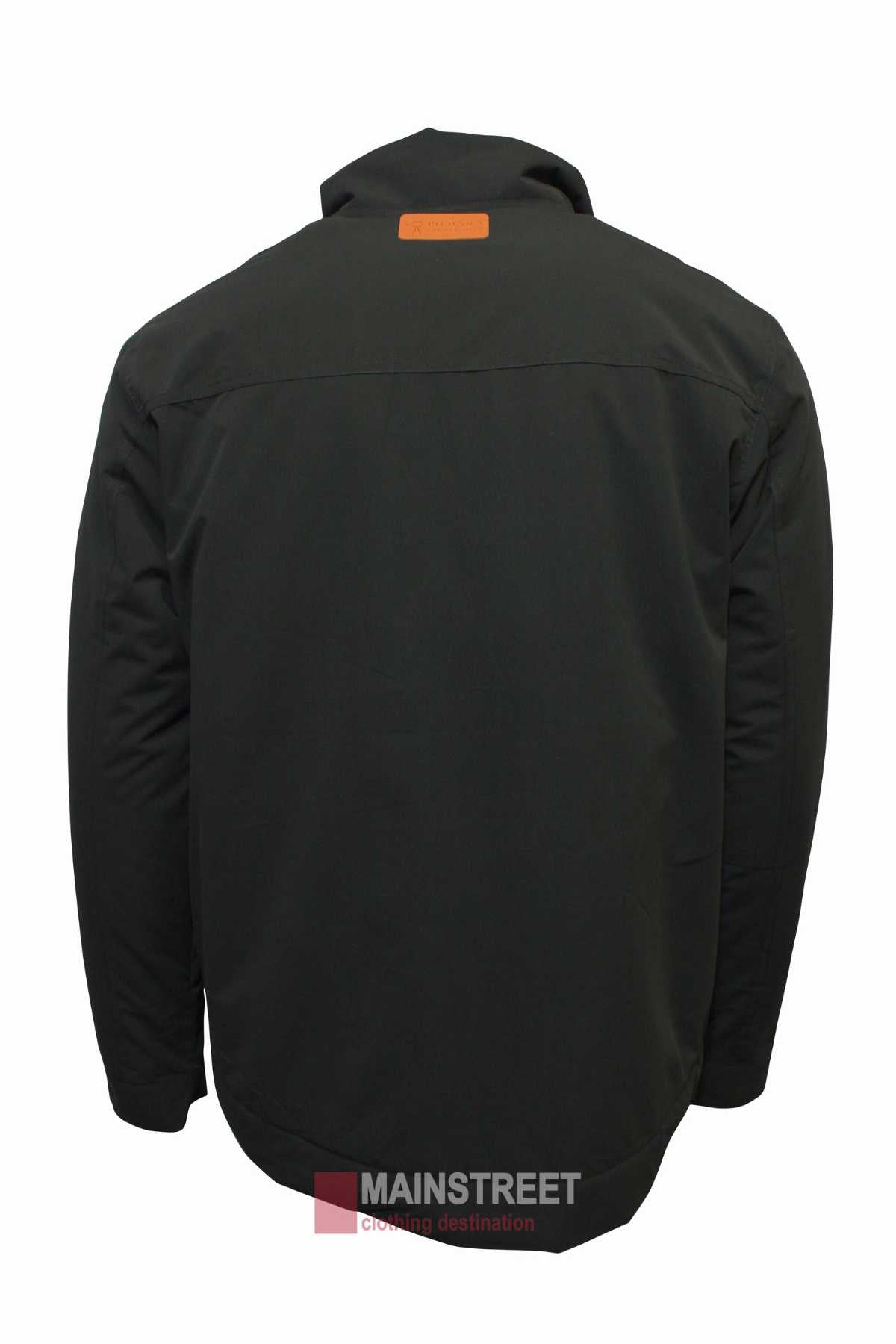 A black, comfortable Ritemate Pilbara Quilted Jacket with long sleeves is seen from the back. The jacket features a high collar and a small brown patch near the neckline. The words "MAINSTREET Clothing destination" are partially visible at the bottom of the image.