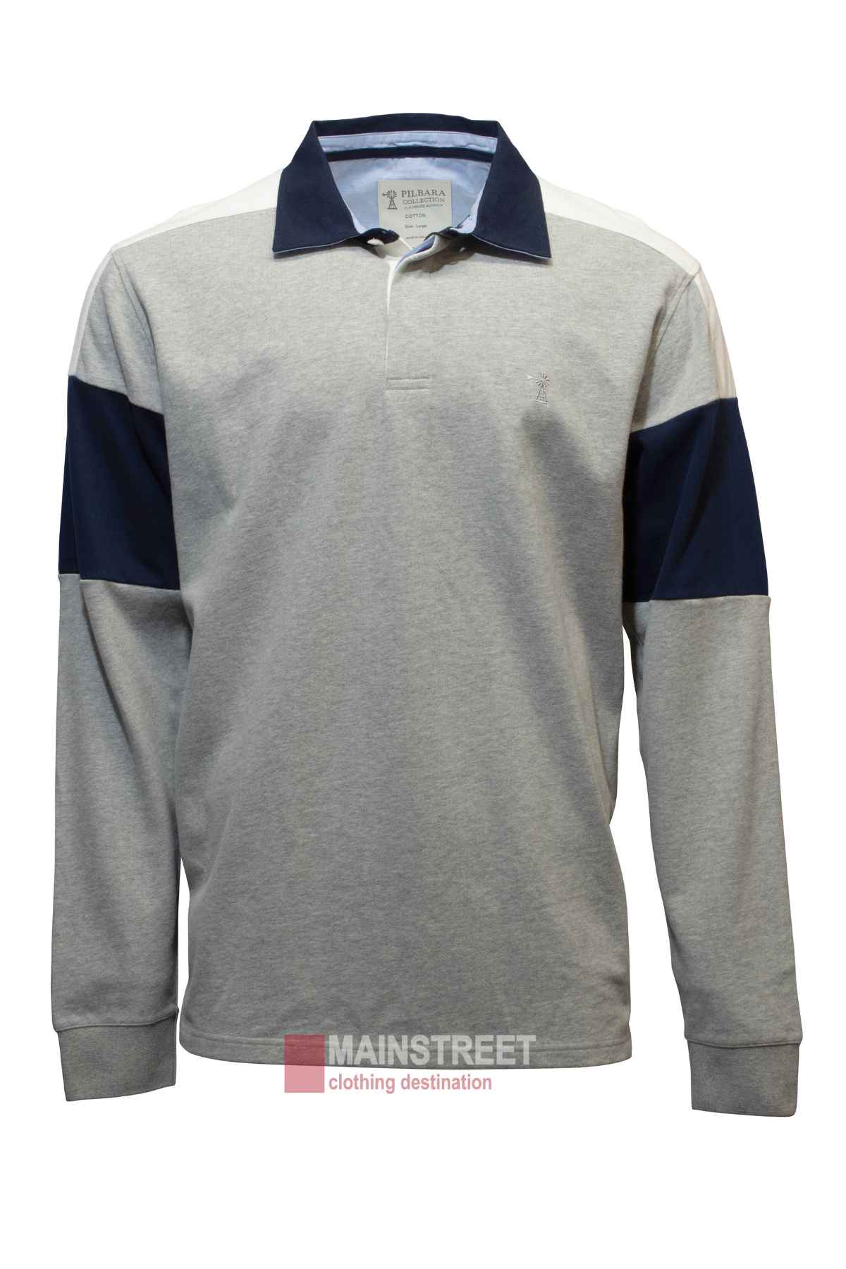 The Pilbara Rugby Jersey is a men’s long-sleeve top made from 100% cotton, with a grey body, navy collar, and navy panels on the upper arms. It features a small embroidered chest logo and a partially visible brand tag in the collar.