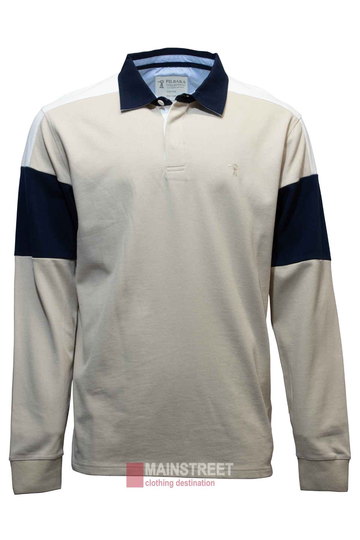 The Pilbara Rugby Jersey is a beige long-sleeve shirt with a navy collar and sleeve accents, made from 100% cotton. It features an embroidered logo on the left chest and a white label inside the collar.