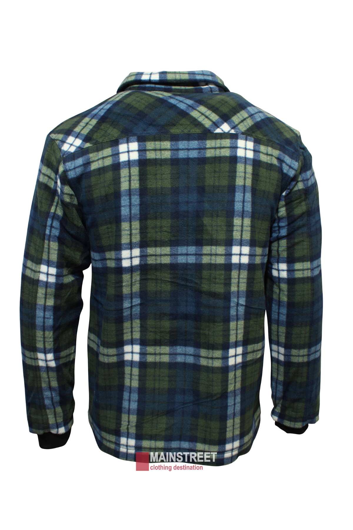 A back view of the Pilbara Sherpa Lined Check Jacket showcases a mix of green, blue, and white colors in a tartan pattern. The jacket features long sleeves, a collar, and sherpa lining for extra warmth. The Mainstreet Clothing Destination logo is visible below the winter jacket.