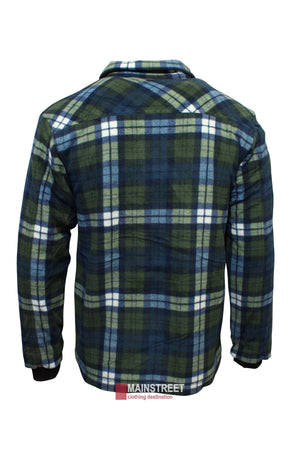 A back view of the Pilbara Sherpa Lined Check Jacket showcases a mix of green, blue, and white colors in a tartan pattern. The jacket features long sleeves, a collar, and sherpa lining for extra warmth. The Mainstreet Clothing Destination logo is visible below the winter jacket.