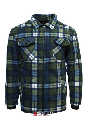 The Pilbara Sherpa Lined Check Jacket is a zip-up flannel winter jacket featuring a blue, green, and white plaid pattern. It has a sherpa lining for added warmth, a collar, and two buttoned chest pockets. A small red and white label at the bottom reads "MAINSTREET clothing destination.