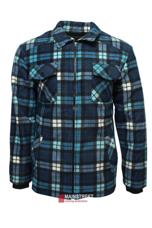 The Ritemate Pilbara Sherpa Lined Check Jacket in blue, black, white, and gray plaid features rib knit cuffs, a front zipper, and two chest pockets. The tag reads "MAINSTREET clothing destination.