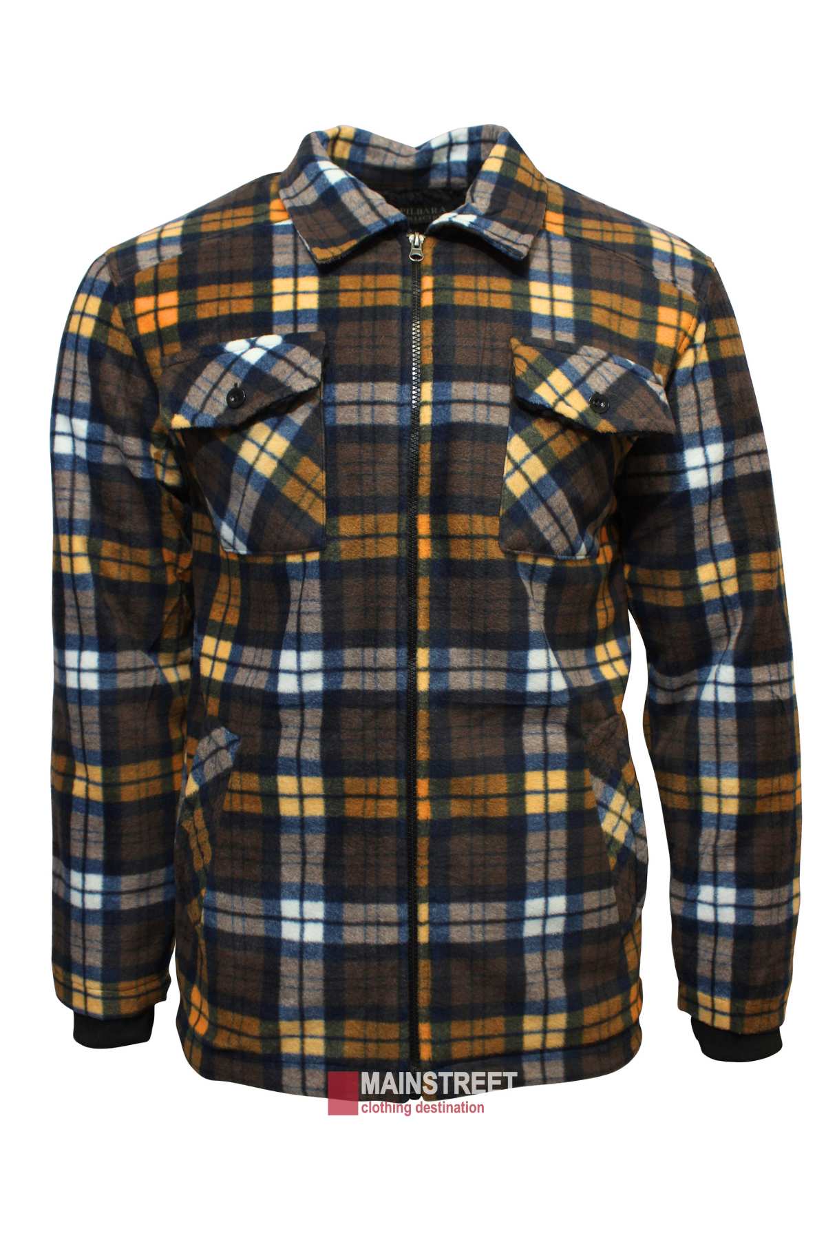 The Pilbara Sherpa Lined Check Jacket features a plaid design with a zip-up front, showcasing a combination of yellow, brown, blue, and white checks. It includes two chest pockets with button flaps, a collar, and a snug sherpa lining. A "Mainstreet" clothing tag is visible at the bottom.