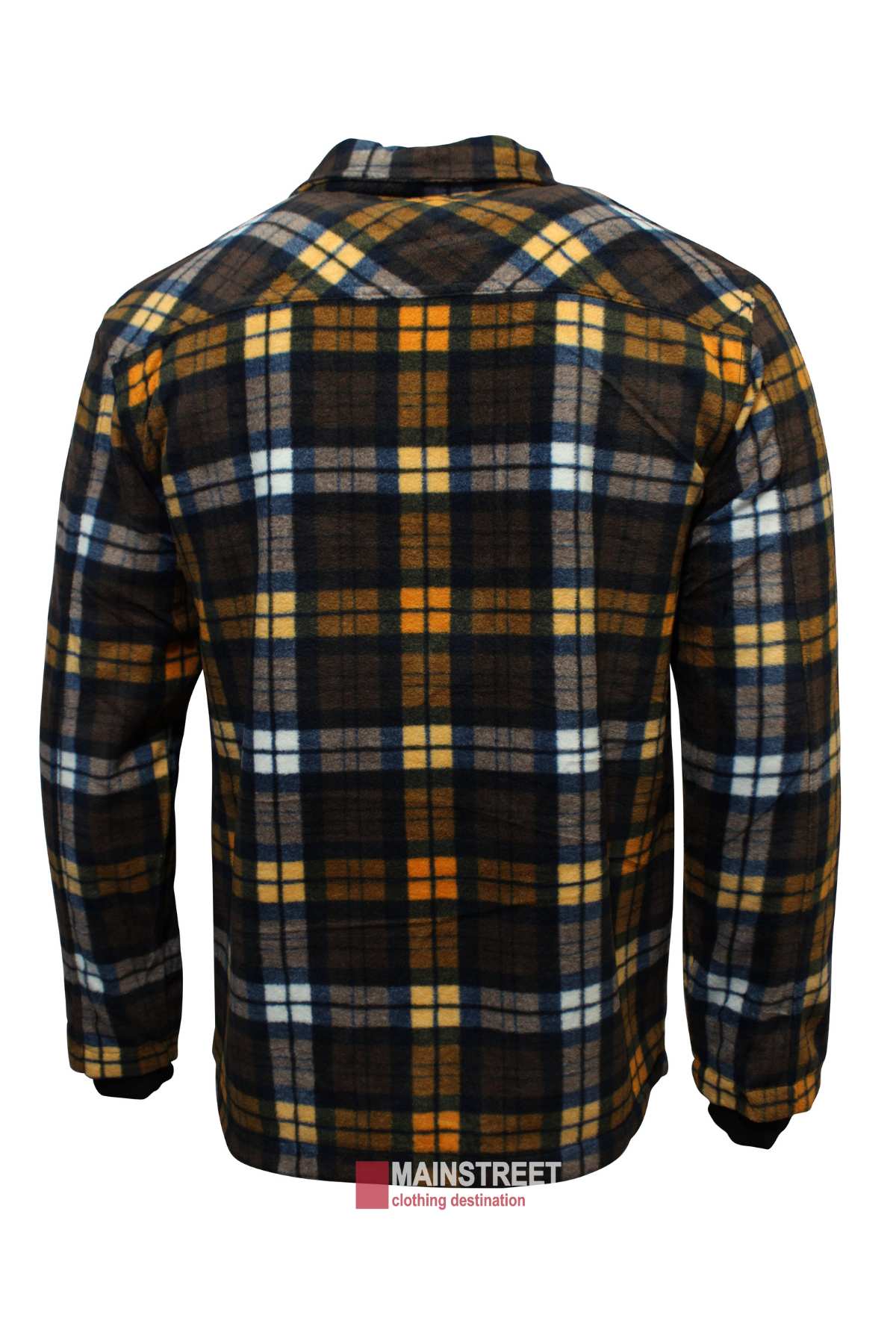A back view of the Pilbara Sherpa Lined Check Jacket, a long-sleeve flannel shirt with a plaid pattern in shades of black, white, yellow, and blue. The shirt features a collar and a small logo tag at the bottom that reads "MAINSTREET" and "clothing destination," reminiscent of its cozy design.