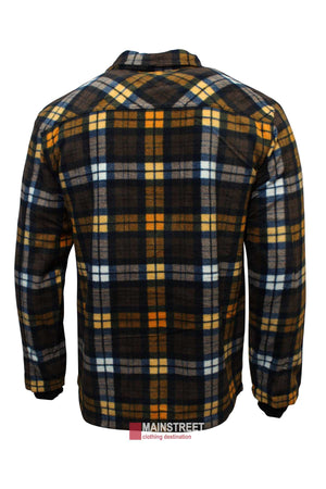 A back view of the Pilbara Sherpa Lined Check Jacket, a long-sleeve flannel shirt with a plaid pattern in shades of black, white, yellow, and blue. The shirt features a collar and a small logo tag at the bottom that reads "MAINSTREET" and "clothing destination," reminiscent of its cozy design.