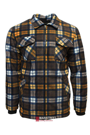 The Pilbara Sherpa Lined Check Jacket features a plaid design with a zip-up front, showcasing a combination of yellow, brown, blue, and white checks. It includes two chest pockets with button flaps, a collar, and a snug sherpa lining. A "Mainstreet" clothing tag is visible at the bottom.