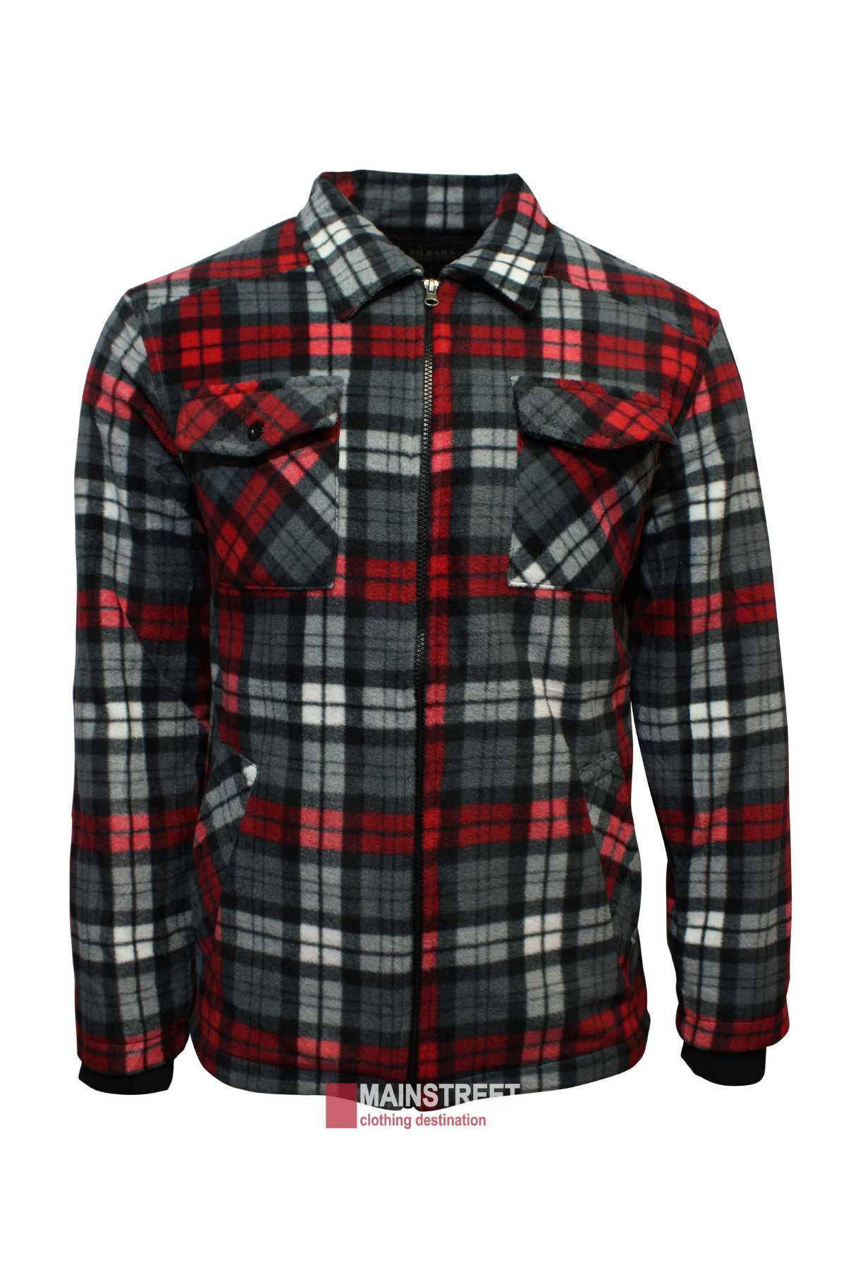 The Ritemate Pilbara Sherpa Lined Check Jacket is a long-sleeved, zip-up jacket with a red, black, and white plaid pattern. The sherpa lining adds warmth while rib knit cuffs ensure a snug fit. The jacket features two chest pockets with button closures and a collar. The brand name "Mainstreet Clothing Destination" is visible at the bottom edge.
