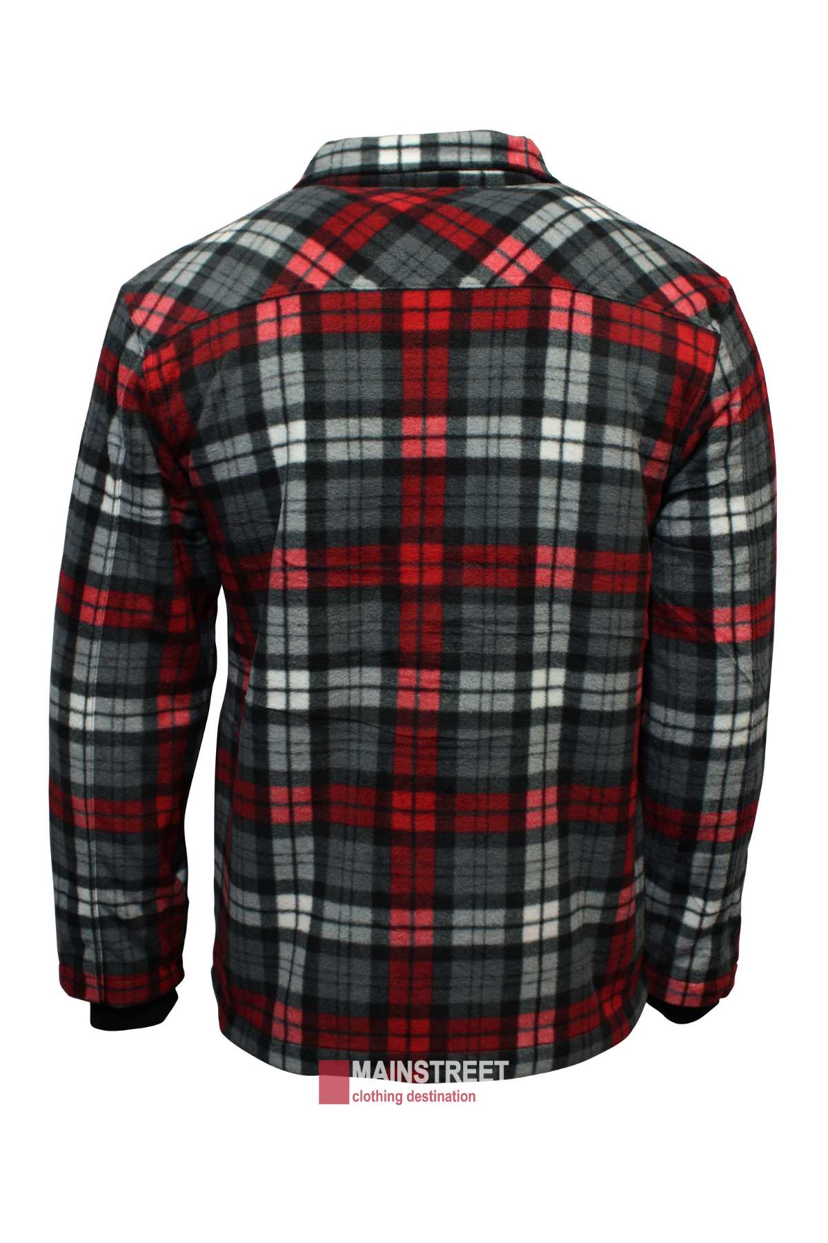 Back view of a Ritemate Pilbara Sherpa Lined Check Jacket featuring long sleeves in a red, black, white, and grey plaid pattern. The jacket includes a collar, rib knit cuffs, and a small logo at the bottom that reads "MAINSTREET clothing destination.