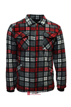 The Ritemate Pilbara Sherpa Lined Check Jacket is a long-sleeved, zip-up jacket with a red, black, and white plaid pattern. The sherpa lining adds warmth while rib knit cuffs ensure a snug fit. The jacket features two chest pockets with button closures and a collar. The brand name "Mainstreet Clothing Destination" is visible at the bottom edge.