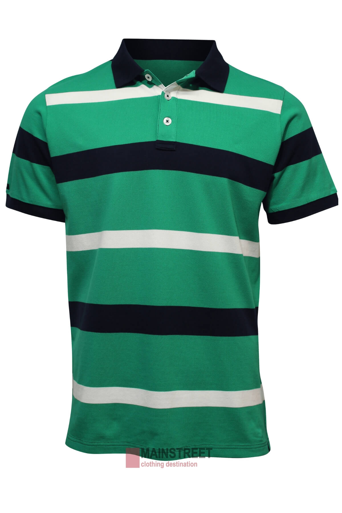 The Ritemate Pilbara Striped Polo is a relaxed fit, short-sleeved green shirt with navy and white stripes, black collar, buttoned placket, and made from 100% cotton.