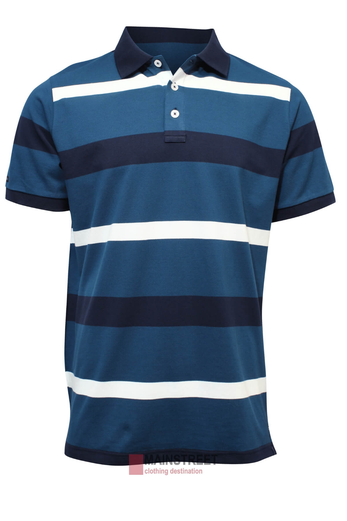 The Ritemate Pilbara Striped Polo is a blue, short-sleeve, relaxed fit 100% cotton shirt with navy and white horizontal stripes, a collared neckline, and button placket, shown against a plain white background.