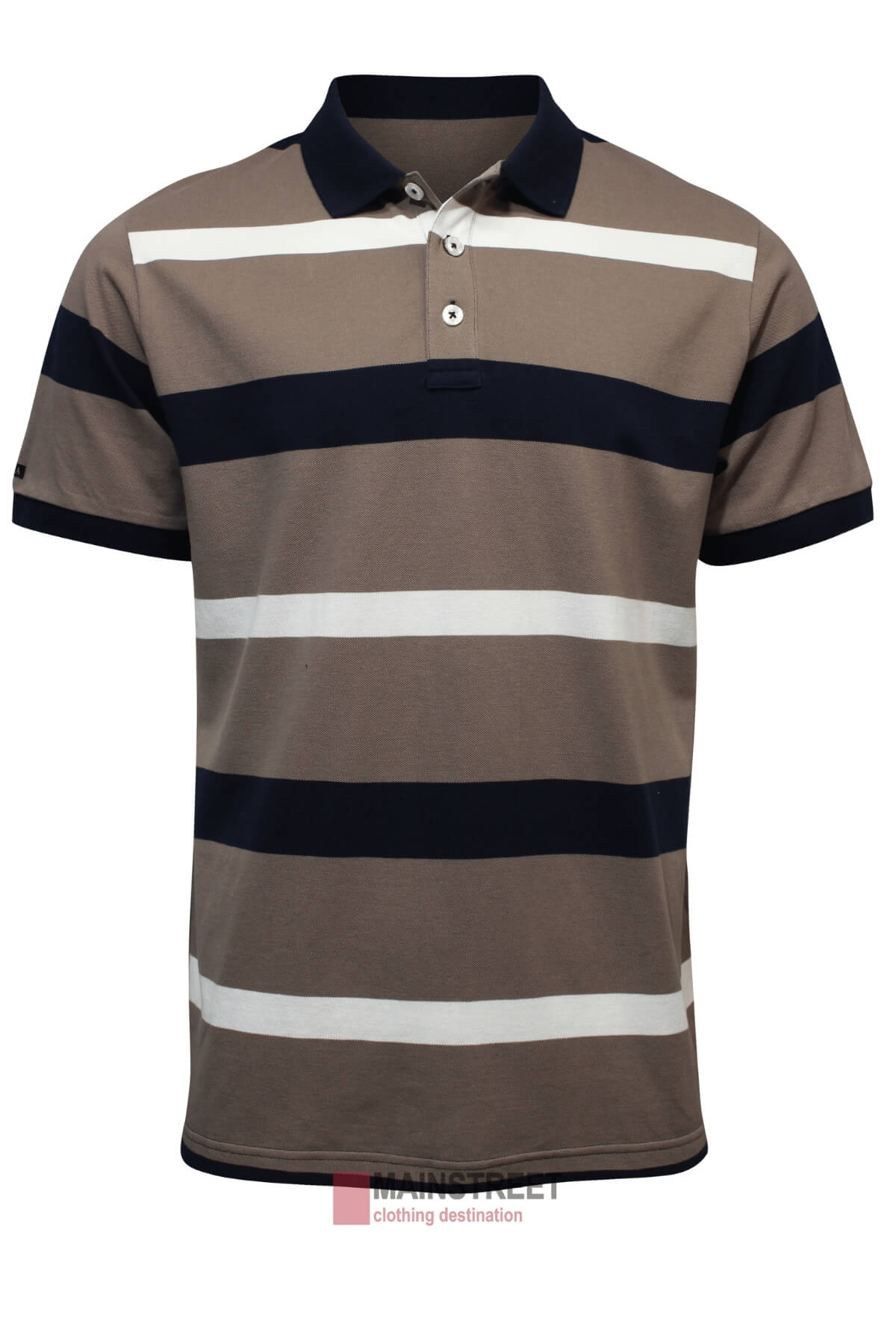 The Ritemate Pilbara Striped Polo, 100% cotton, offers a relaxed fit with broad navy and white stripes. It features a collar and two buttons on a brown background, displayed against plain white.